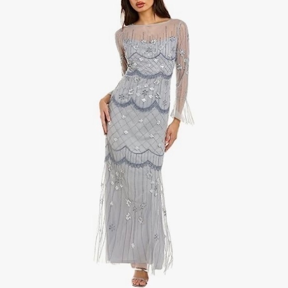 Adrianna Papell Bell Sleeve Illusion Beaded Mesh Covered Gown in Silver Mist 16 - Picture 1 of 7